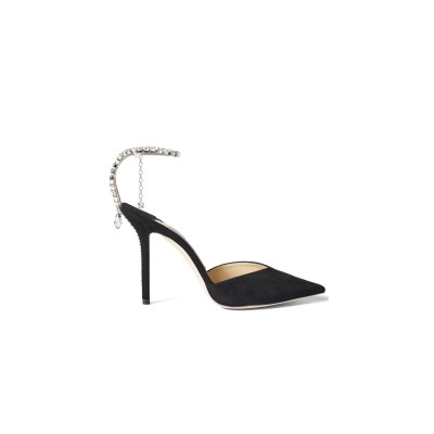 JIMMY CHOO SAEDA 100 BLACK SUEDE PUMPS WITH CRYSTAL EMBELLISHMENT SAEDA100EWA